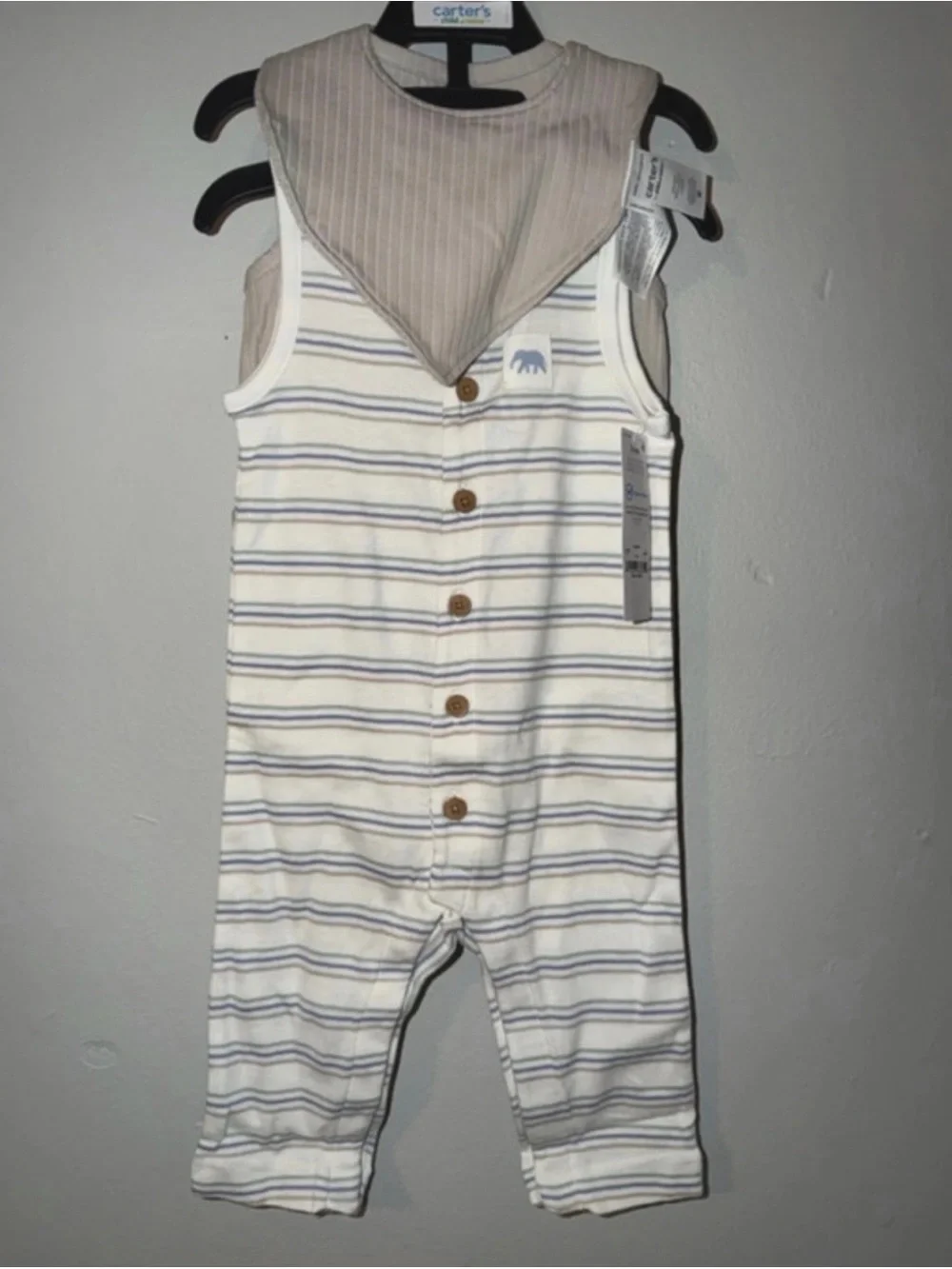 Carter's Cream and Gray Striped Sleeveless One-Piece with Bib
